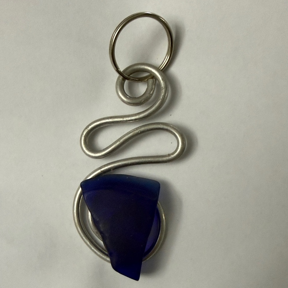 Handmade Silver Wire Keychain with Deep Blue Sea Glass Accent